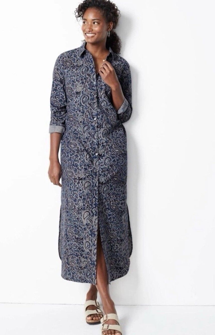 J. Jill Kalamkari Maxi Shirt Dress Sz Small 2XL Organic Pure Cotton Paisley Boho